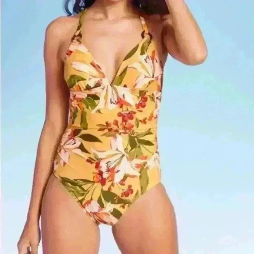 Large Kona Sol yellow floral one piece swimsuit